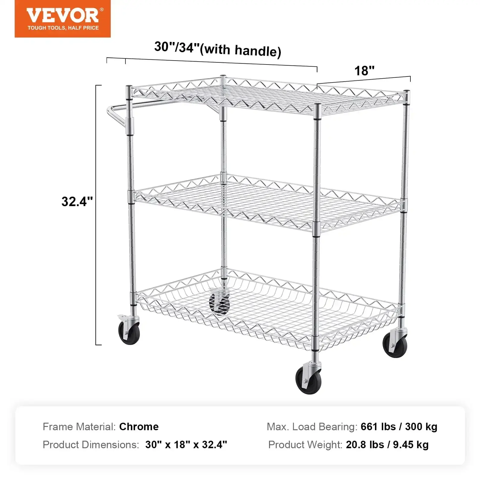 3-Tier Utility Cart Rolling Cart on Wheels 30"x18"x32.4" 661 lbs 6 Hooks