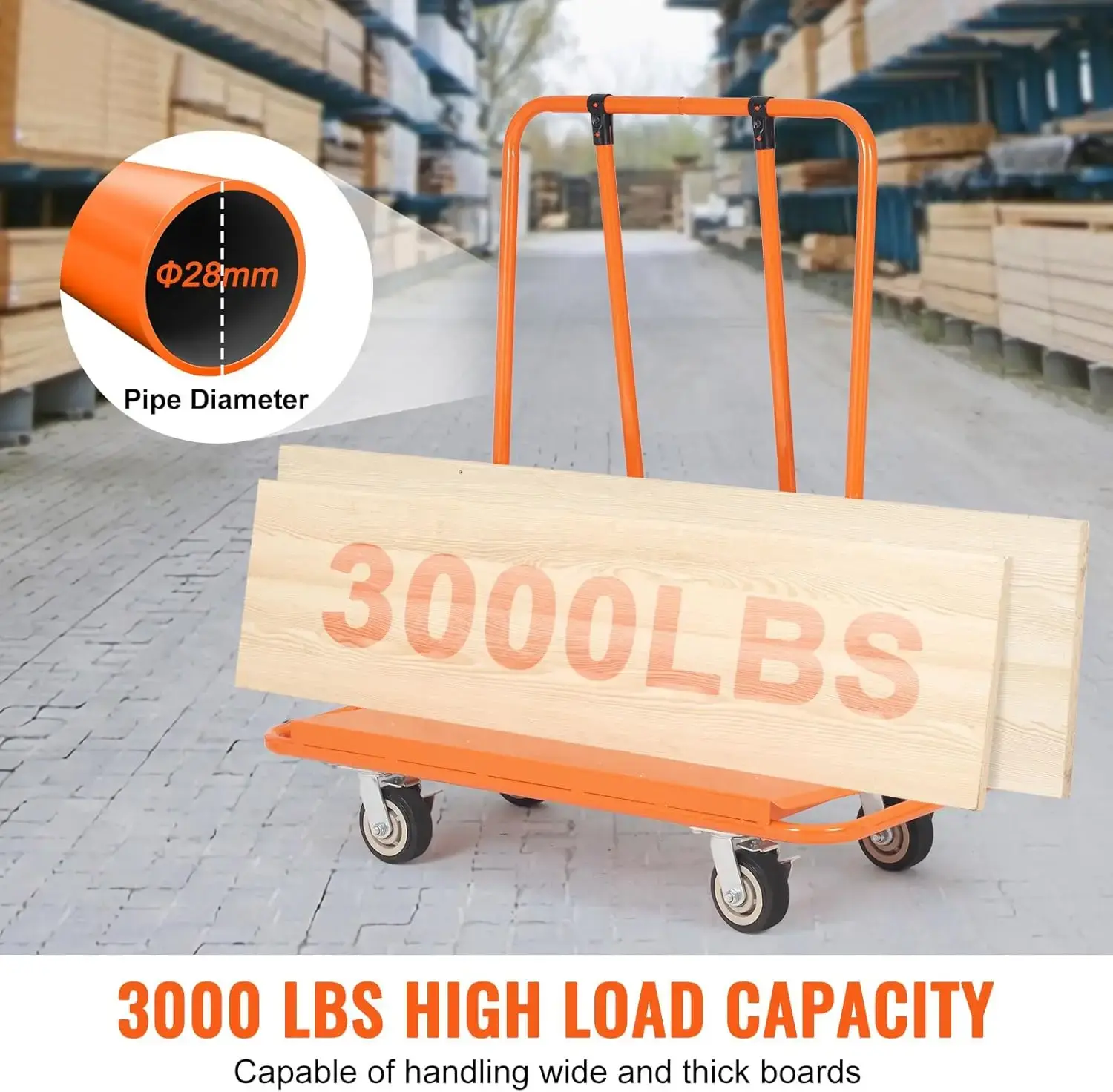 Drywall Cart, 3000 LBS Panel Dolly with 45.28" x 21.8" Deck, 5" Swivel Wheels, Heavy-Duty Sheetrock Cart