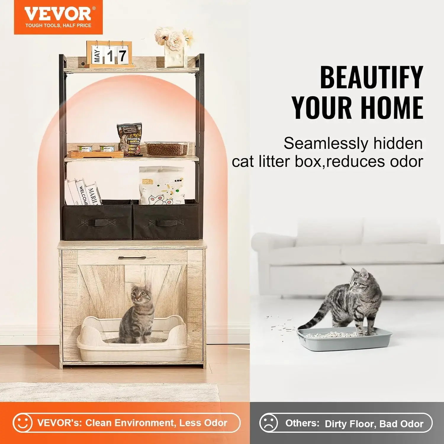 Cat Litter Box Enclosure, Hidden Litter Box Furniture with 2 Storage Shelves & 2 Baskets, Wooden Cat Washroom Indoor
