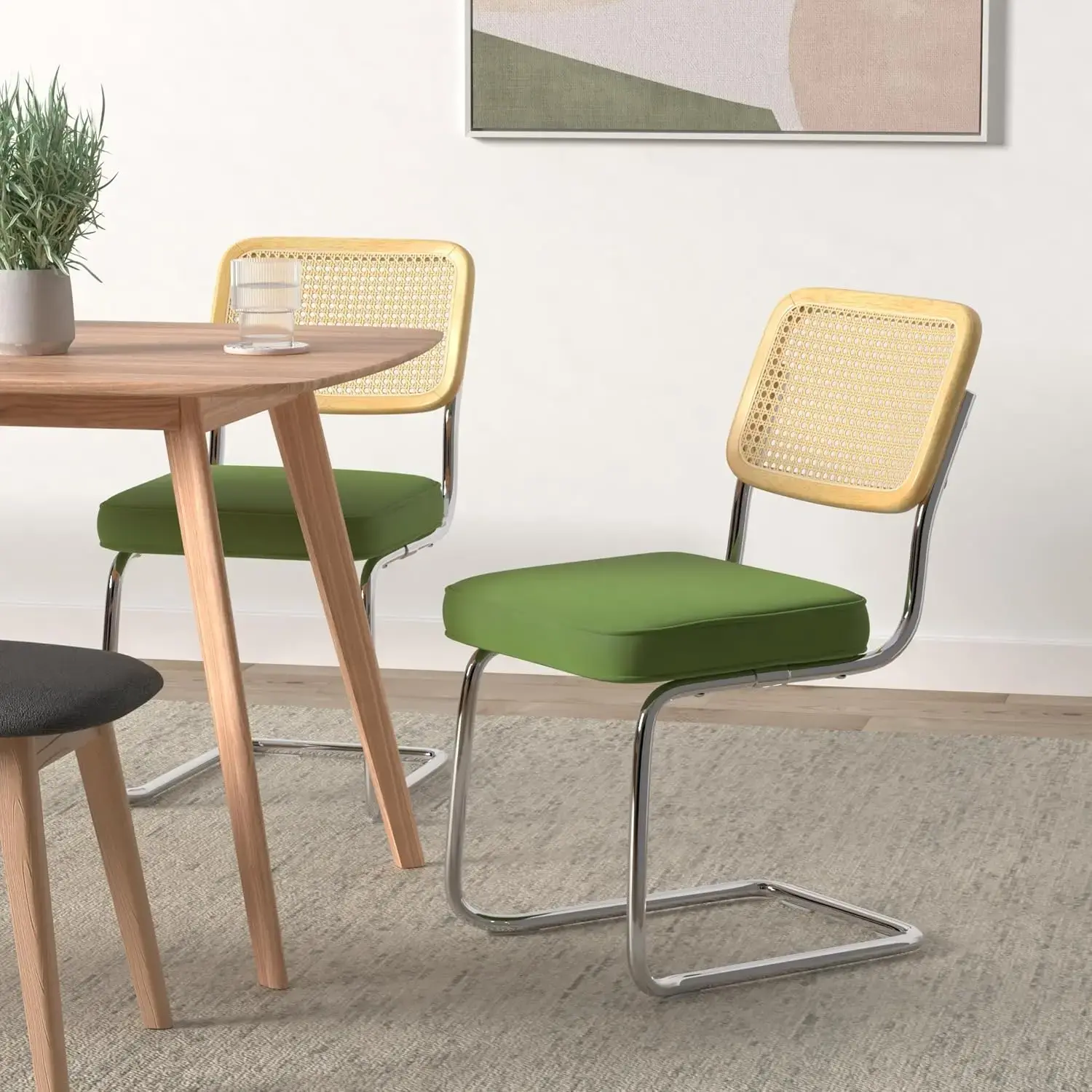 Rattan Dining Chairs Set of 4, Mid Century Modern Dining Chair, Upholstered Velvet Accent Chair with Rattan Back