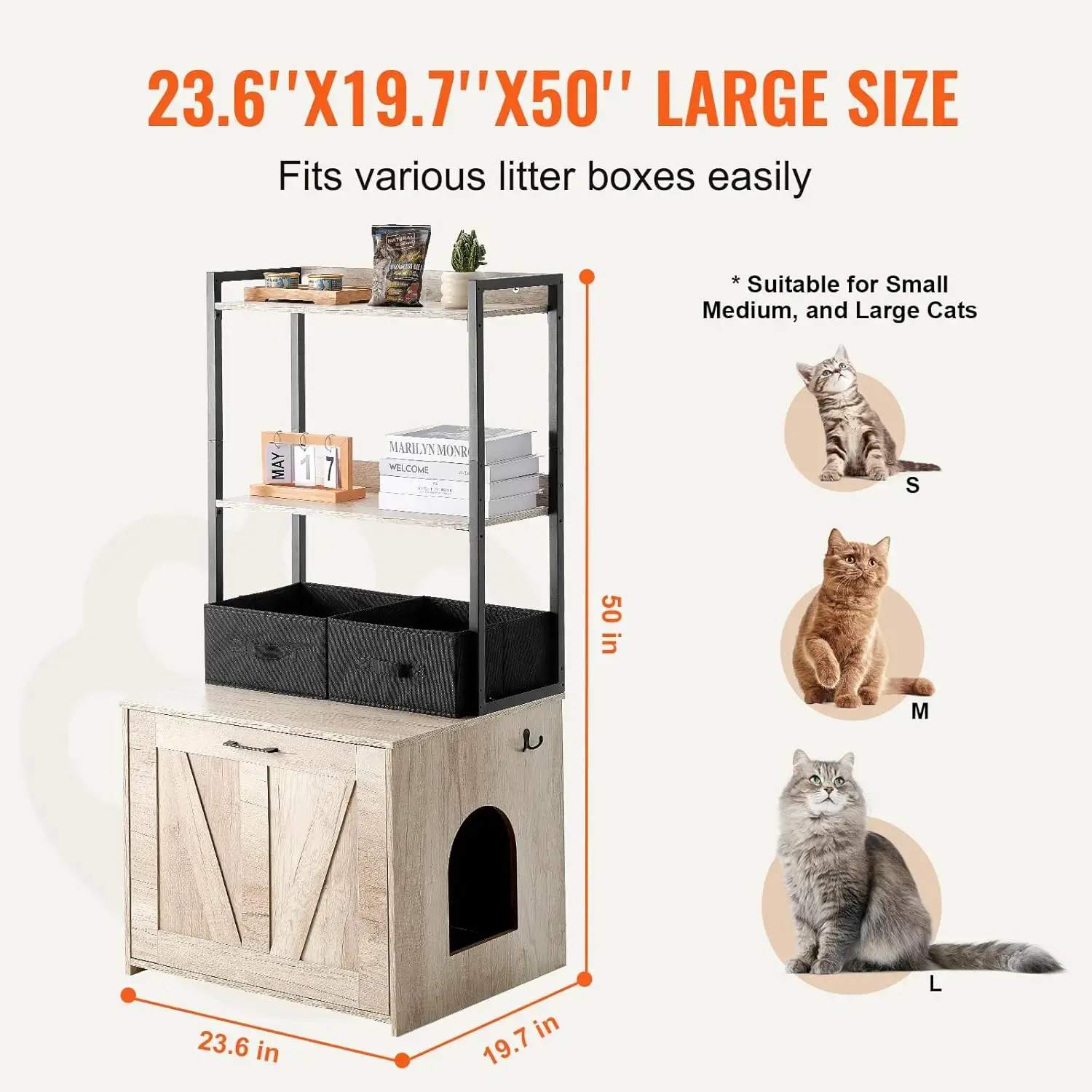 Cat Litter Box Enclosure, Hidden Litter Box Furniture with 2 Storage Shelves & 2 Baskets, Wooden Cat Washroom Indoor