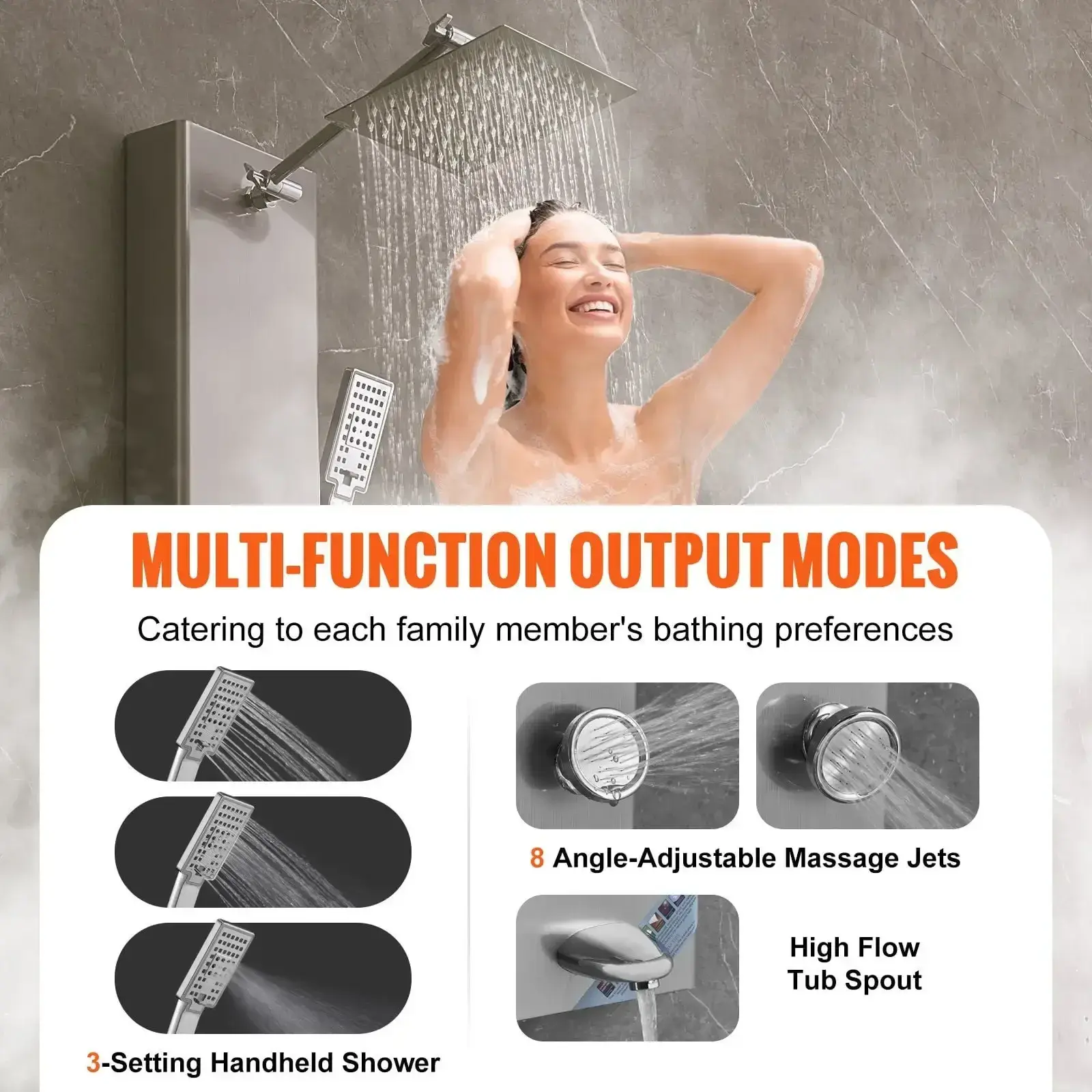 hower Panel System, 5 Shower Modes, Digital Display Shower Panel Tower, Rainfall, 8 Massage Jets, Tub Spout