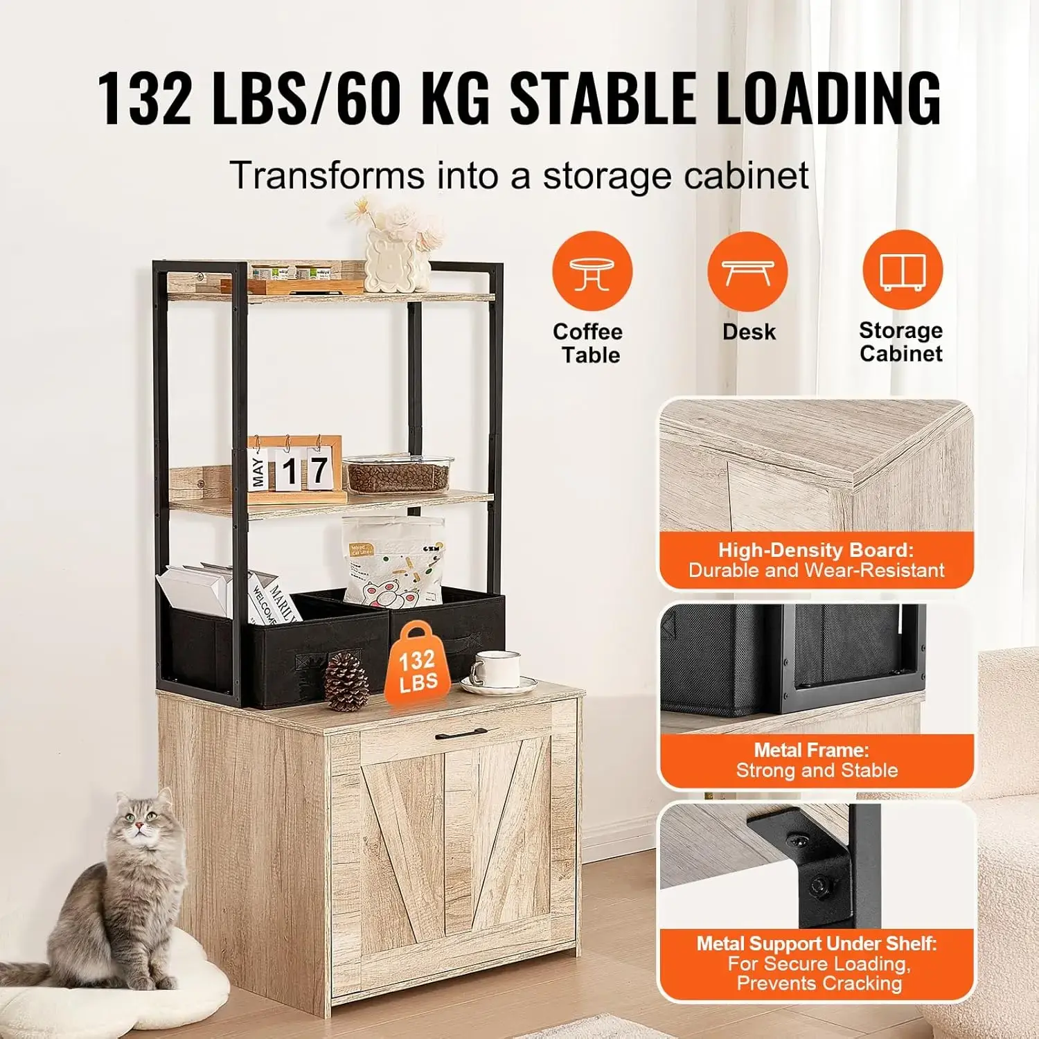 Cat Litter Box Enclosure, Hidden Litter Box Furniture with 2 Storage Shelves & 2 Baskets, Wooden Cat Washroom Indoor