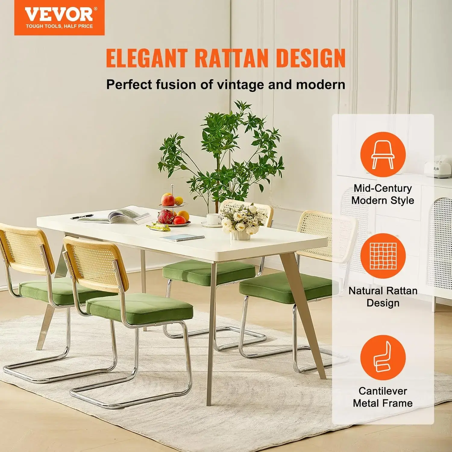 Rattan Dining Chairs Set of 4, Mid Century Modern Dining Chair, Upholstered Velvet Accent Chair with Rattan Back