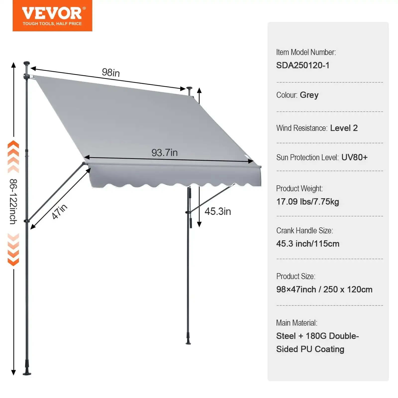 98x47" Patio Awning Retractable Awning Sunshade Shelter with Crank Handle