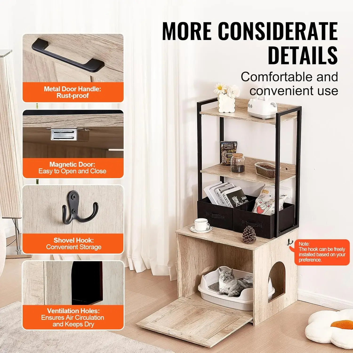 Cat Litter Box Enclosure, Hidden Litter Box Furniture with 2 Storage Shelves & 2 Baskets, Wooden Cat Washroom Indoor