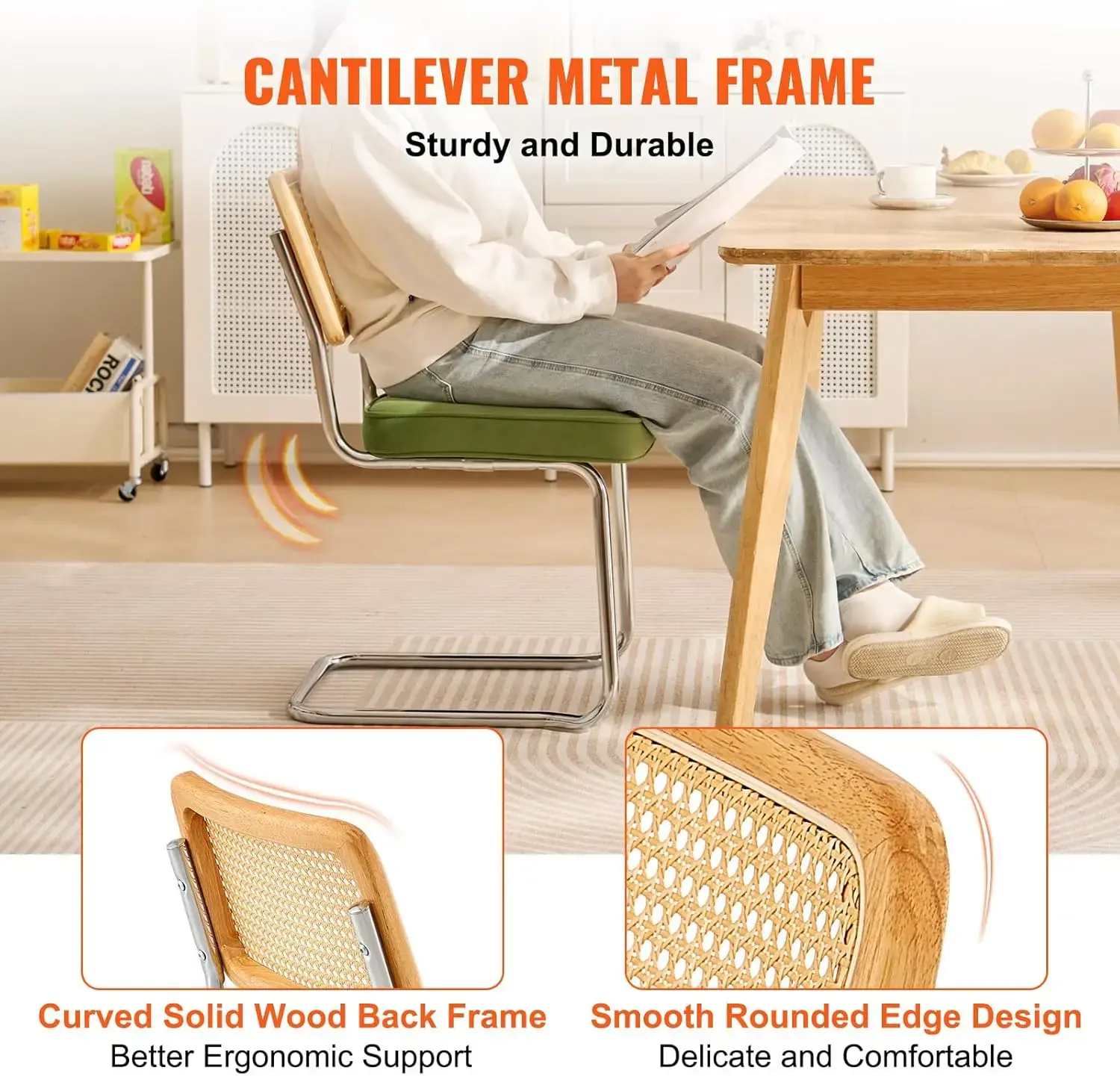 Rattan Dining Chairs Set of 4, Mid Century Modern Dining Chair, Upholstered Velvet Accent Chair with Rattan Back