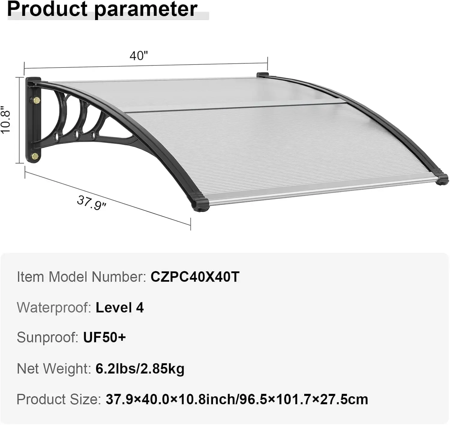 Window Door Awning Canopy 40" x 40", UPF 50+ Polycarbonate Entry Door Outdoor Window Awning Exterior