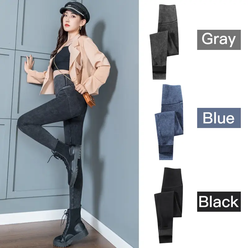 Thickened women's autumn and winter high waist jeans yoga leggings fleece riding pants