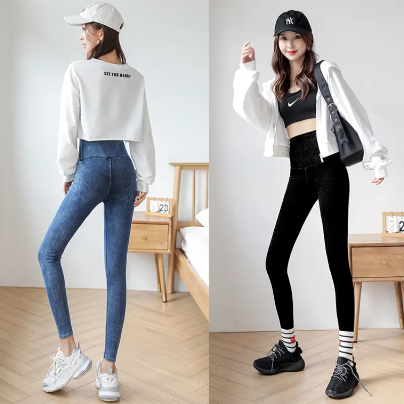 Thickened women's autumn and winter high waist jeans yoga leggings fleece riding pants