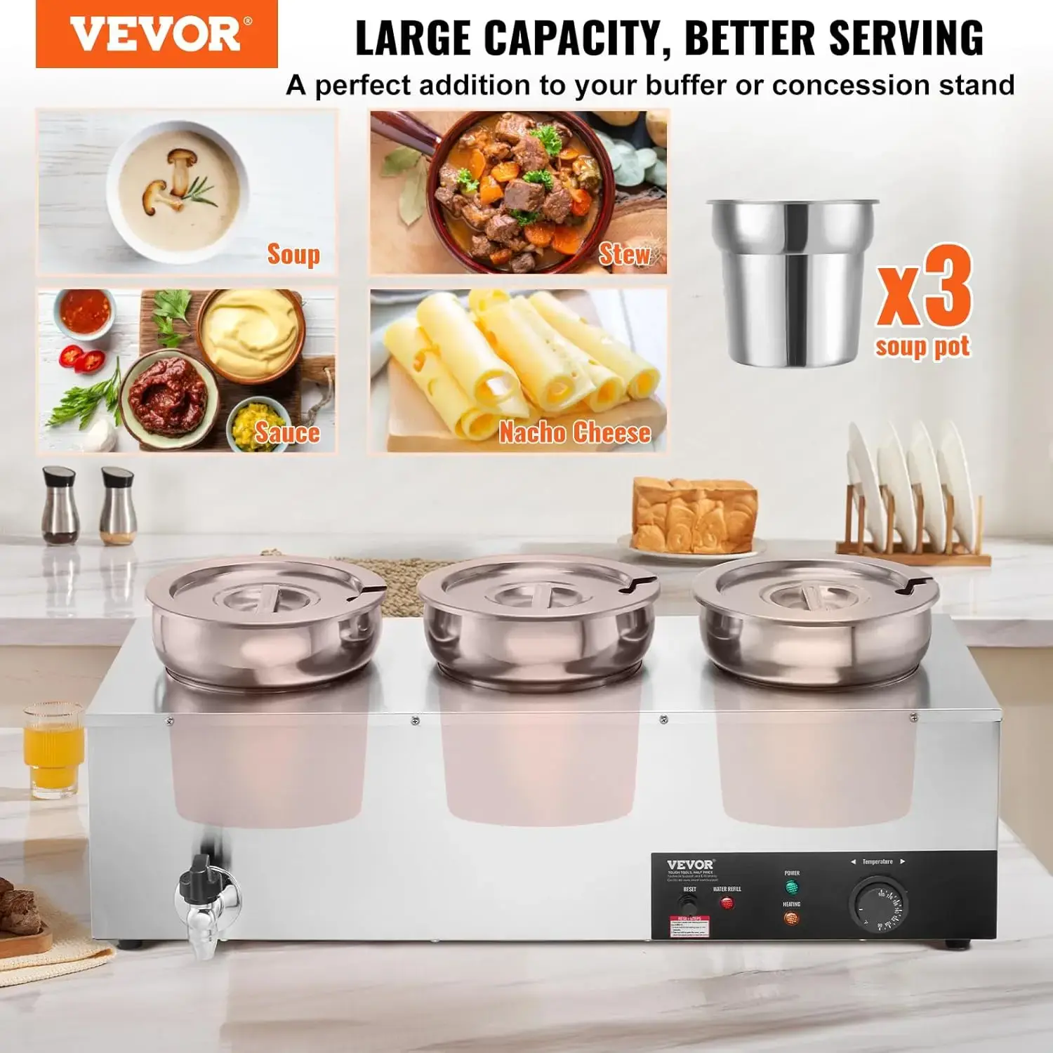 Electric Soup Warmer, Three 7.4QT Stainless Steel Round Pot 86~185°F Adjustable Temp, 1200W Commercial