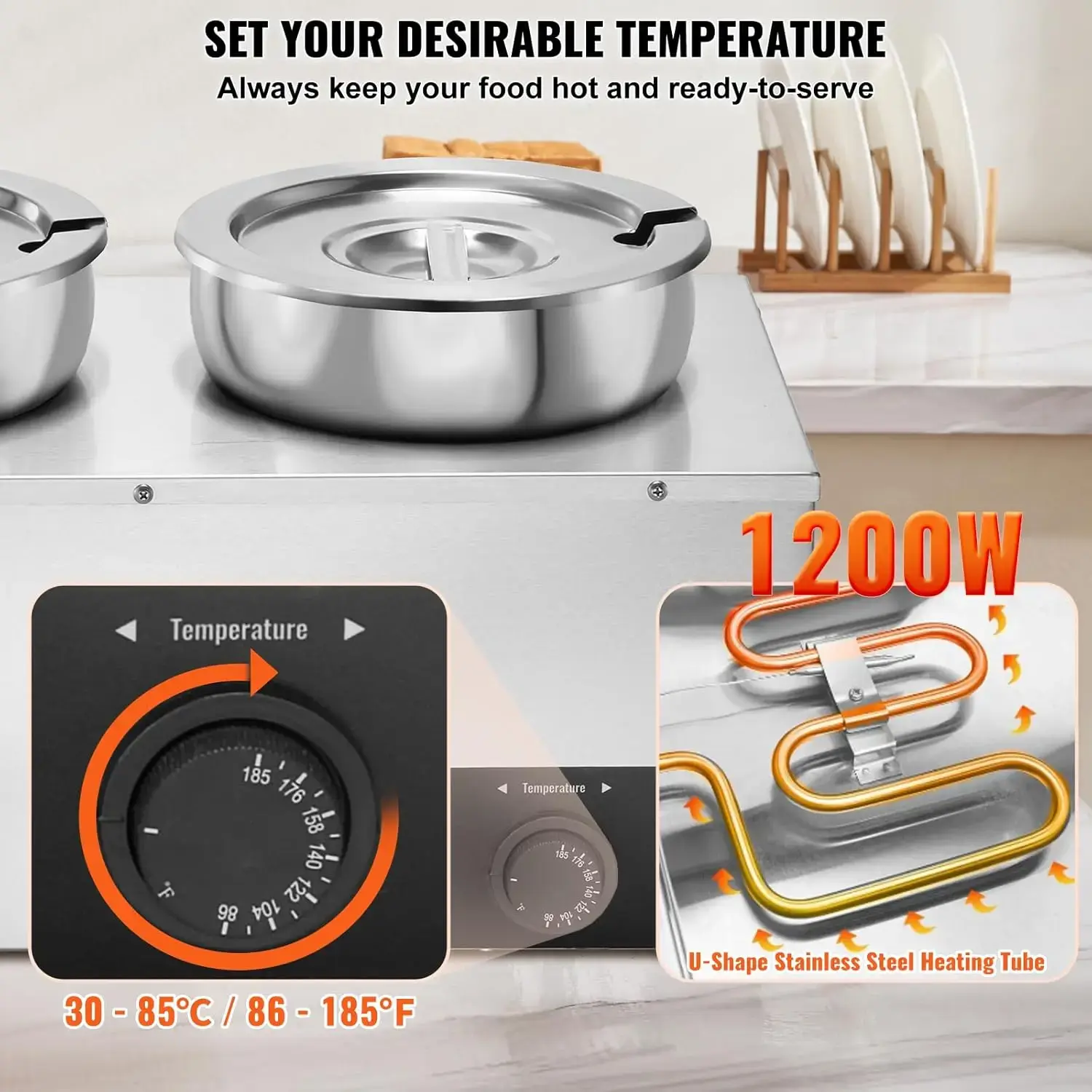Electric Soup Warmer, Three 7.4QT Stainless Steel Round Pot 86~185°F Adjustable Temp, 1200W Commercial