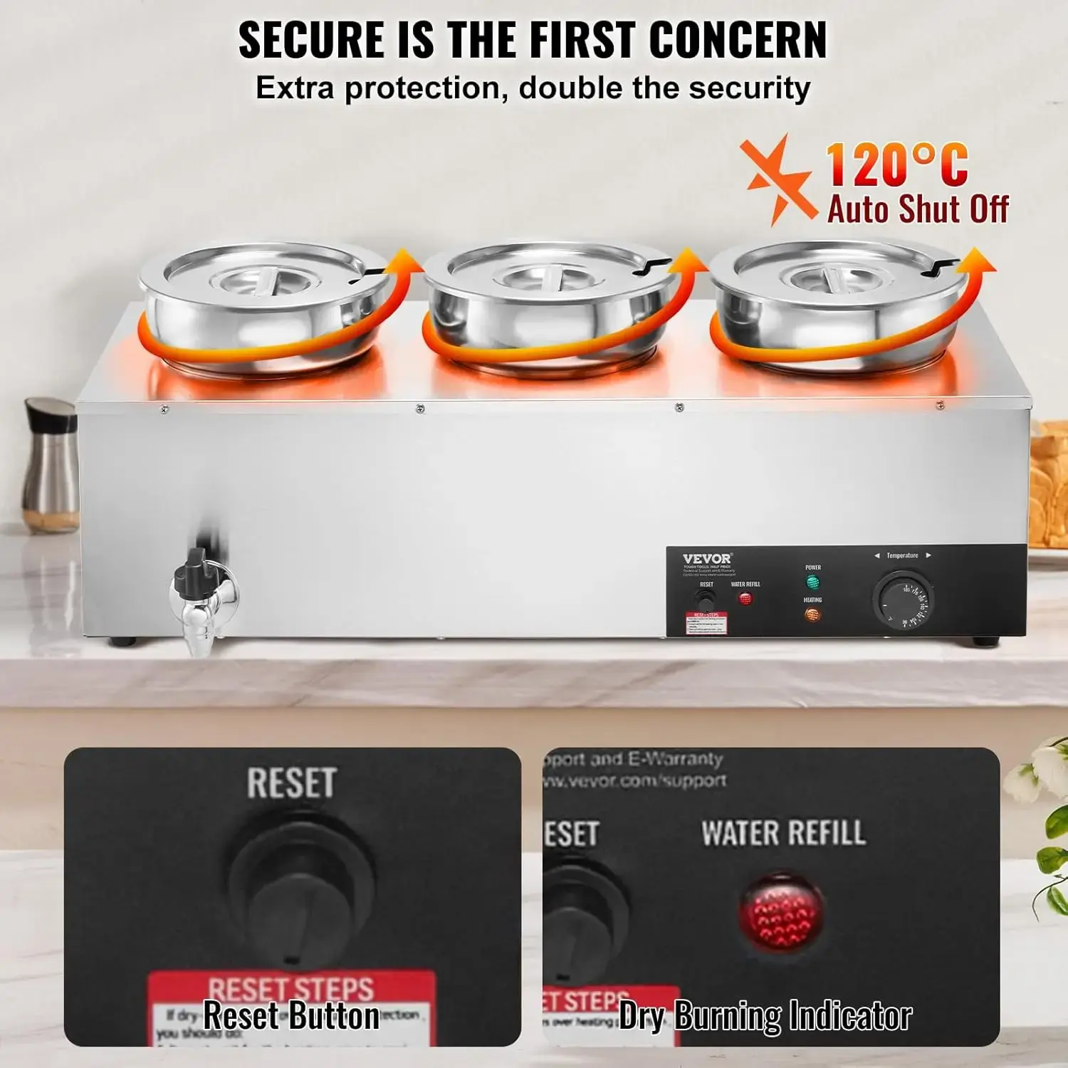 Electric Soup Warmer, Three 7.4QT Stainless Steel Round Pot 86~185°F Adjustable Temp, 1200W Commercial