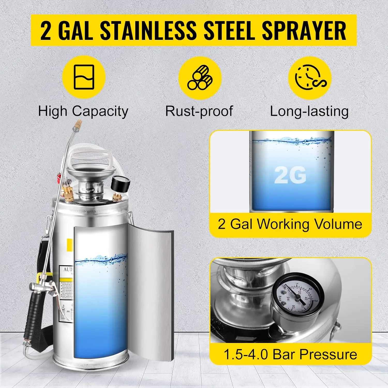 2 Gallon Stainless Steel Sprayer, 20" Wand & 3FT Reinforced Hose with Pressure Gauge, Safety Valve & Adjustable Nozzle