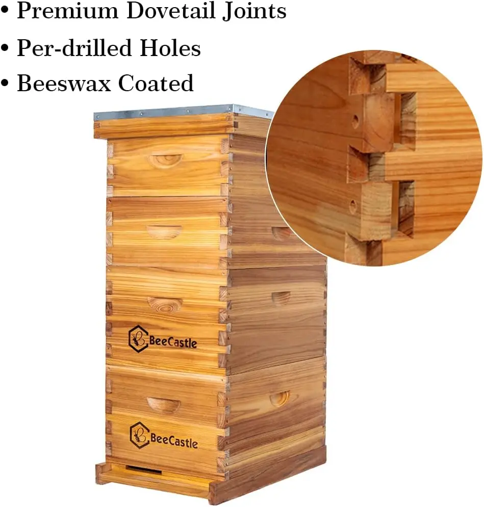 10 Frame Langstroth Hive Coated with 100% Beeswax Includes Beehive Frames and Waxed Foundations (2 Deep Boxes & 2 Medium Boxes)