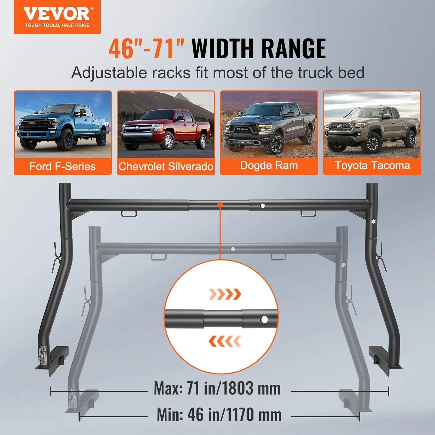 Extendable Steel Truck Ladder Rack - 800 lbs Capacity, 46-71 inch, Non-Drilling for Kayak, Surfboard, Lumber, Ladder