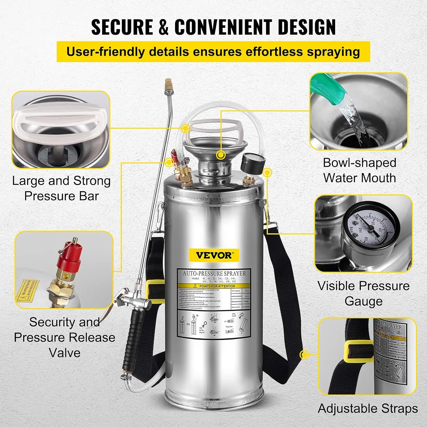 2 Gallon Stainless Steel Sprayer, 20" Wand & 3FT Reinforced Hose with Pressure Gauge, Safety Valve & Adjustable Nozzle