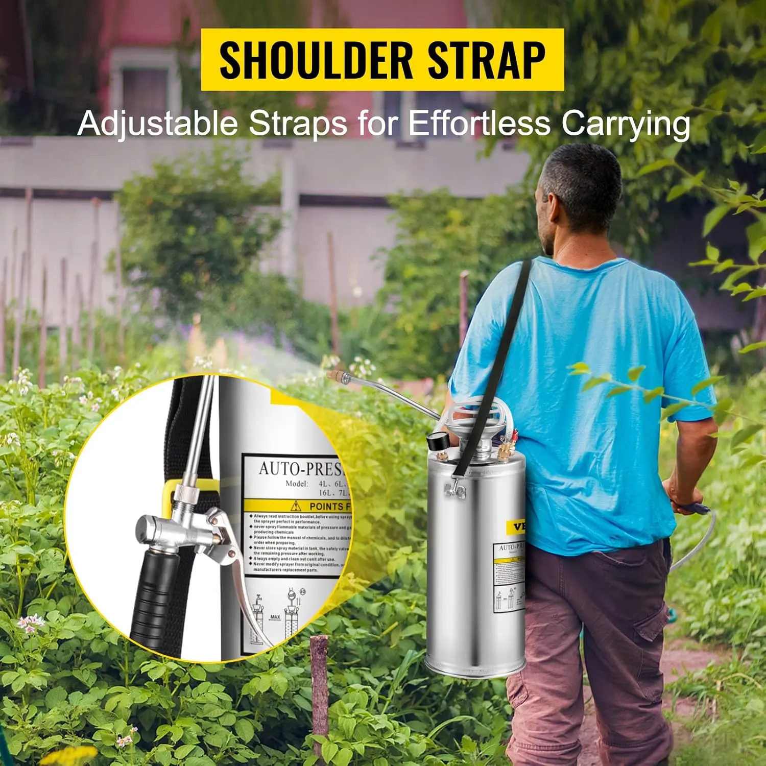 2 Gallon Stainless Steel Sprayer, 20" Wand & 3FT Reinforced Hose with Pressure Gauge, Safety Valve & Adjustable Nozzle