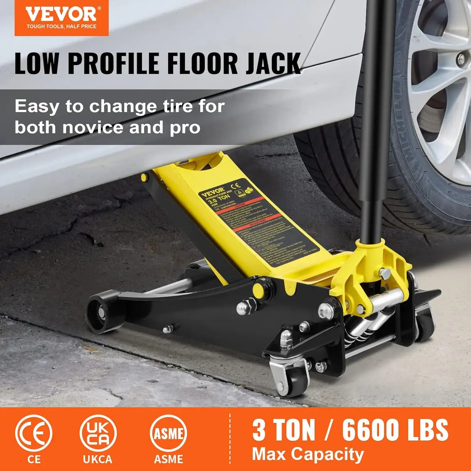 3 Ton Low Profile, Heavy-Duty Steel Racing Floor Jack with Dual Pistons Quick Lift Pump, Lifting Range 3.35"-19.69"