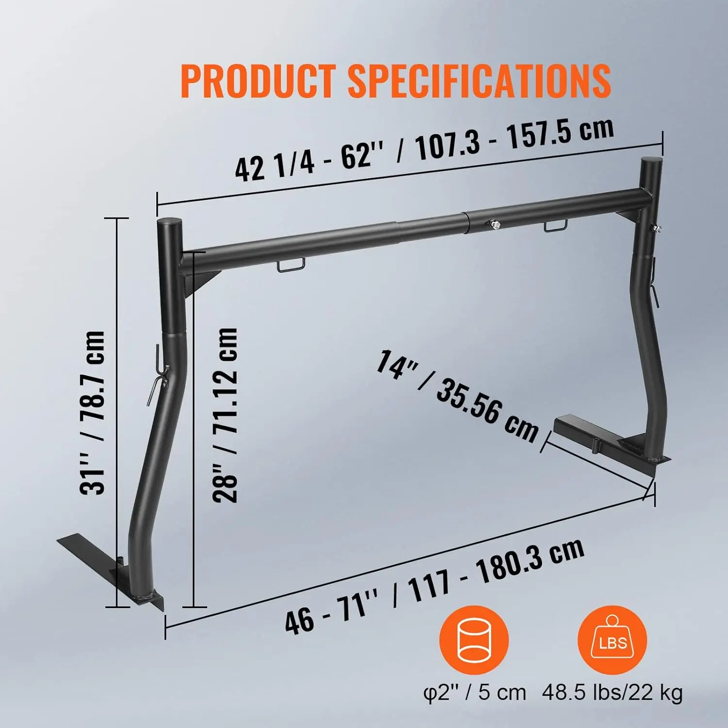 Extendable Steel Truck Ladder Rack - 800 lbs Capacity, 46-71 inch, Non-Drilling for Kayak, Surfboard, Lumber, Ladder