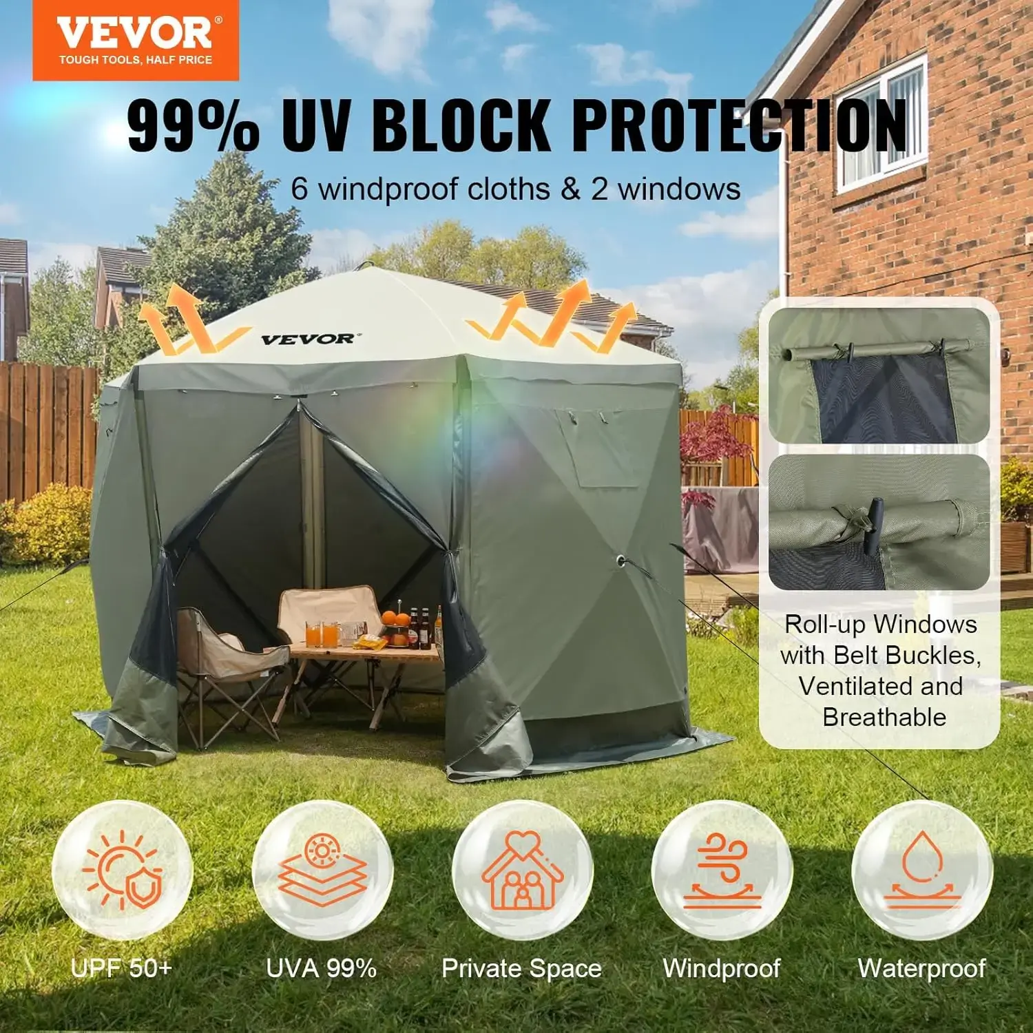 Pop Up Gazebo Tent, Pop-Up Screen Tent 6 Sided Canopy Sun Shelter with 6 Removable Privacy Wind Cloths & Mesh Windows