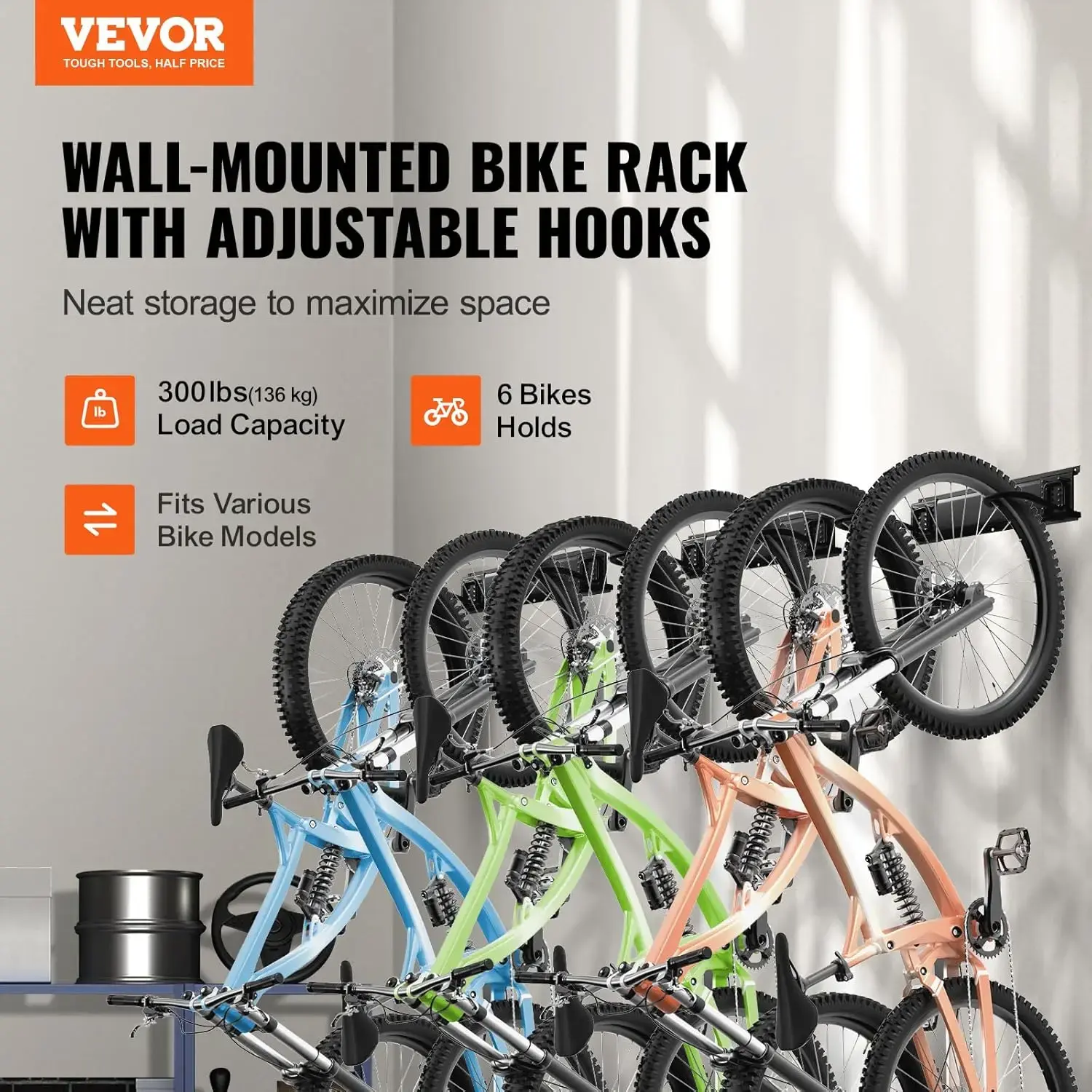 Bike Storage Rack, 6 Bike Racks and 3 Helmets Hooks, Wall Mount Bike Storage Hanger, Home & Garage Organizer