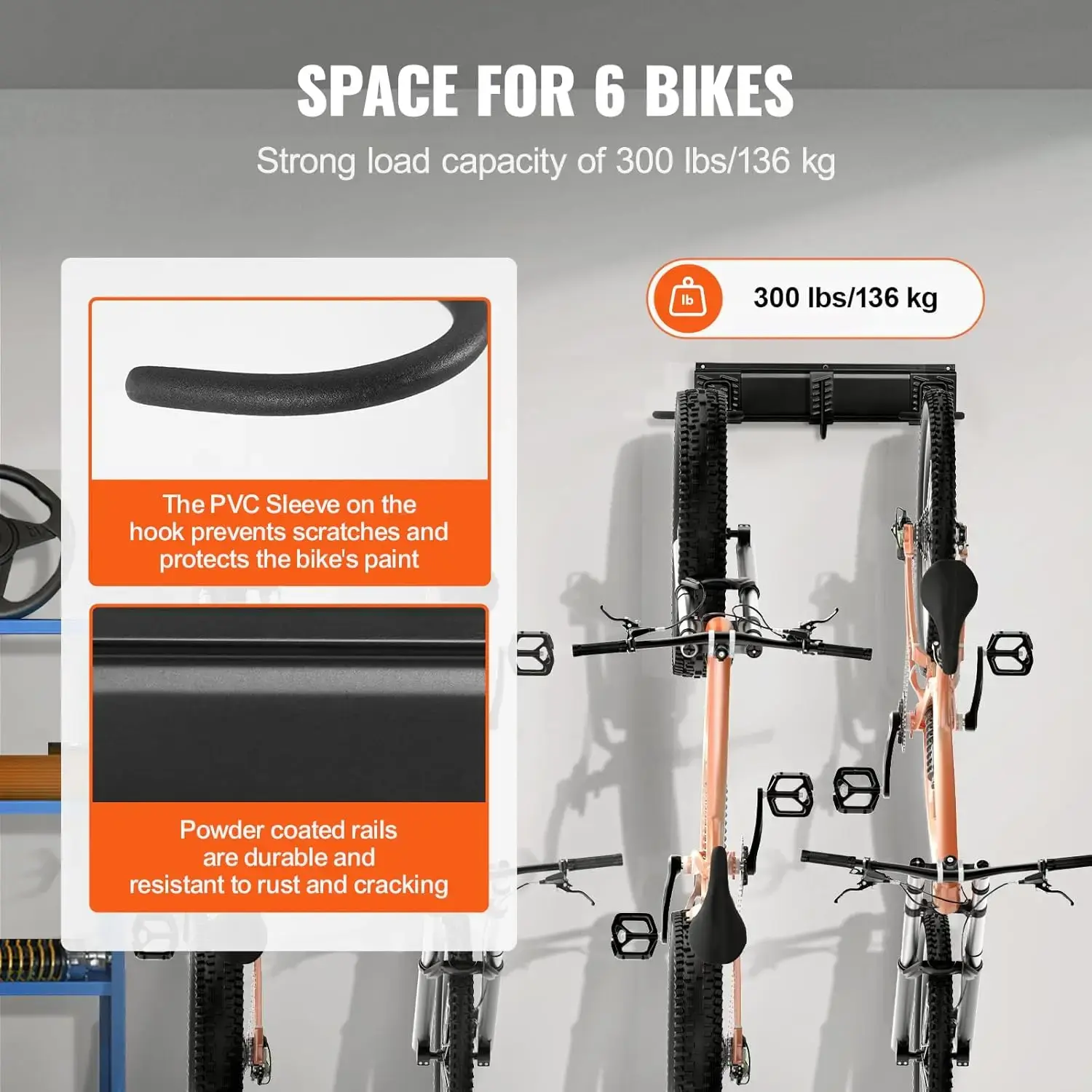 Bike Storage Rack, 6 Bike Racks and 3 Helmets Hooks, Wall Mount Bike Storage Hanger, Home & Garage Organizer