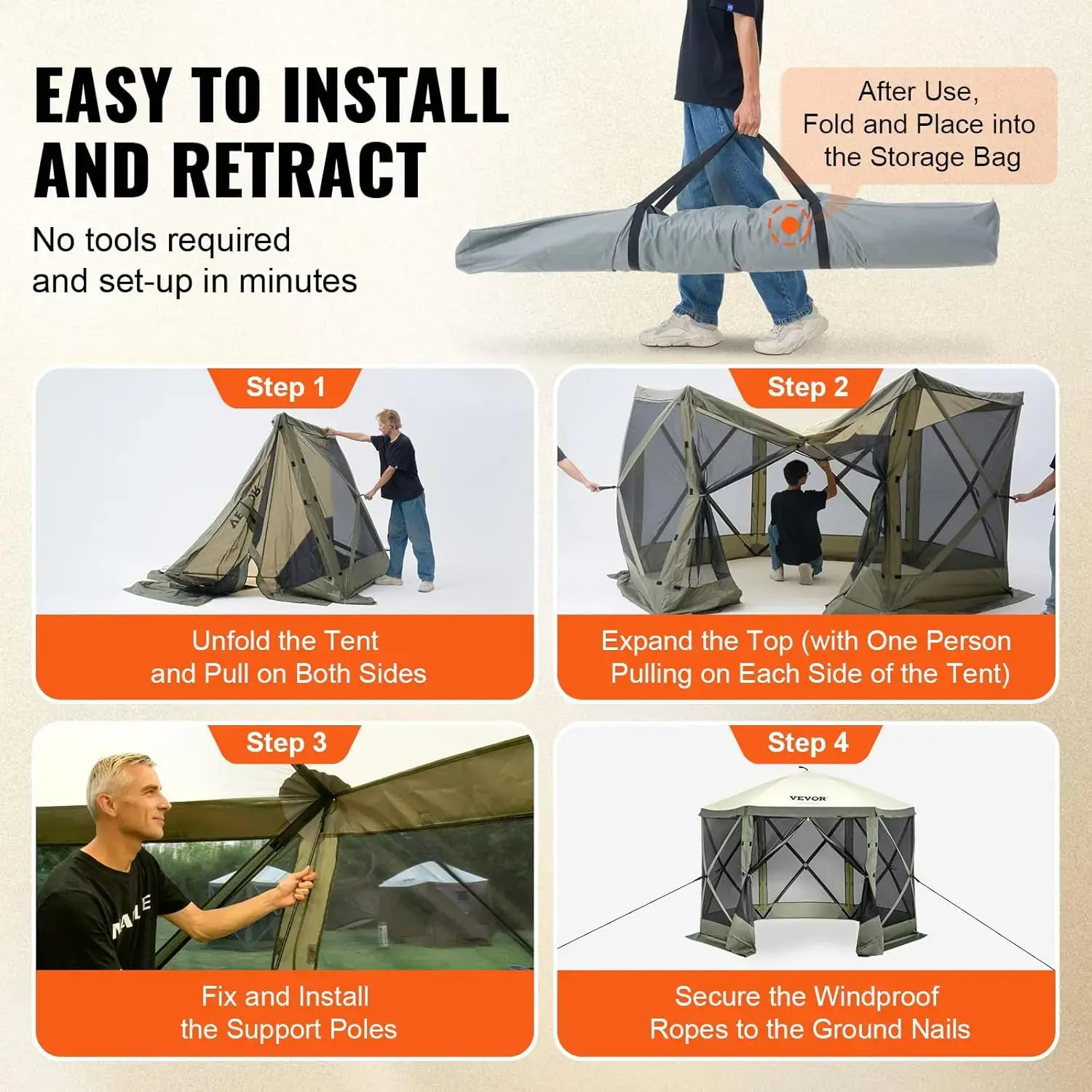 Pop Up Gazebo Tent, Pop-Up Screen Tent 6 Sided Canopy Sun Shelter with 6 Removable Privacy Wind Cloths & Mesh Windows