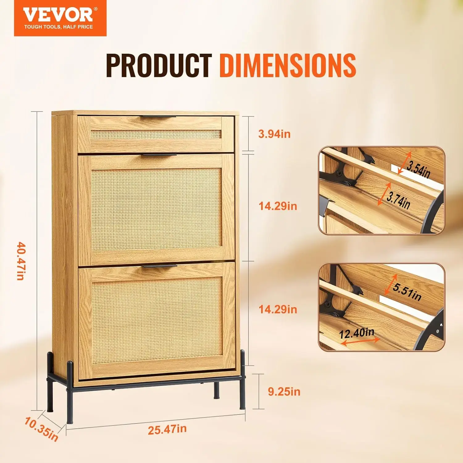 Rattan Shoe Cabinet, Narrow Shoe Storage Organizer with 2 Flip Rattan Drawers & 1 Slide Drawer, Metal Legs