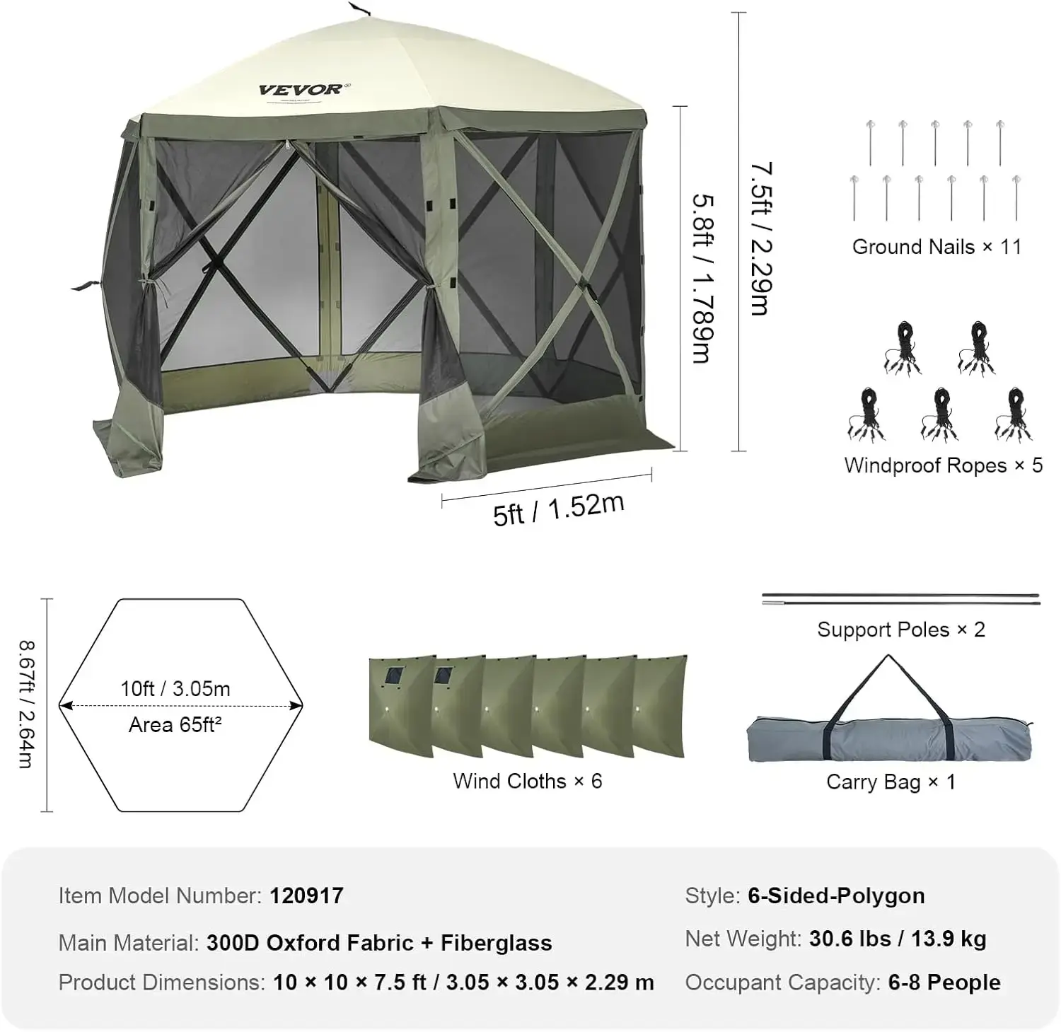 Pop Up Gazebo Tent, Pop-Up Screen Tent 6 Sided Canopy Sun Shelter with 6 Removable Privacy Wind Cloths & Mesh Windows