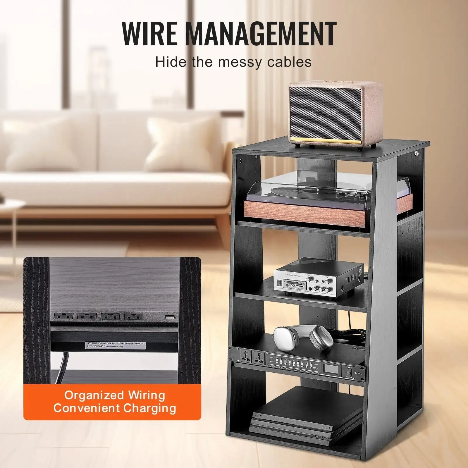 5-Tier AV Media Stand, Wooden Audio-Video Media Stand for DVD Players/Cable Boxes/Games Consoles