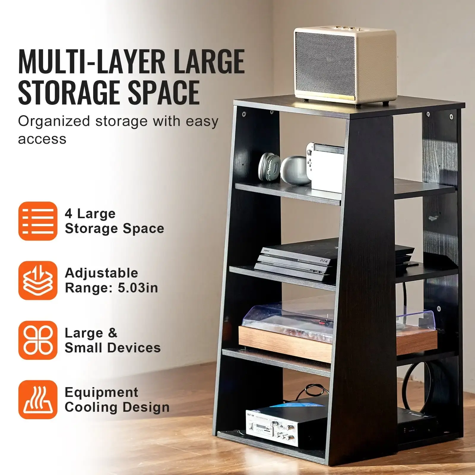 5-Tier AV Media Stand, Wooden Audio-Video Media Stand for DVD Players/Cable Boxes/Games Consoles