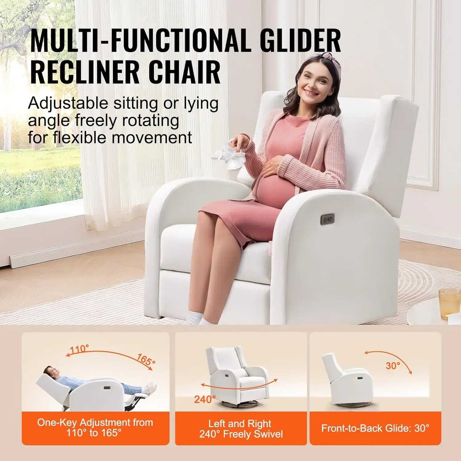 Electronic Power Recliner and Swivel Glider, 250 lbs Weight Capacity Swivel Glider Recliner Chair with USB Port, Off White