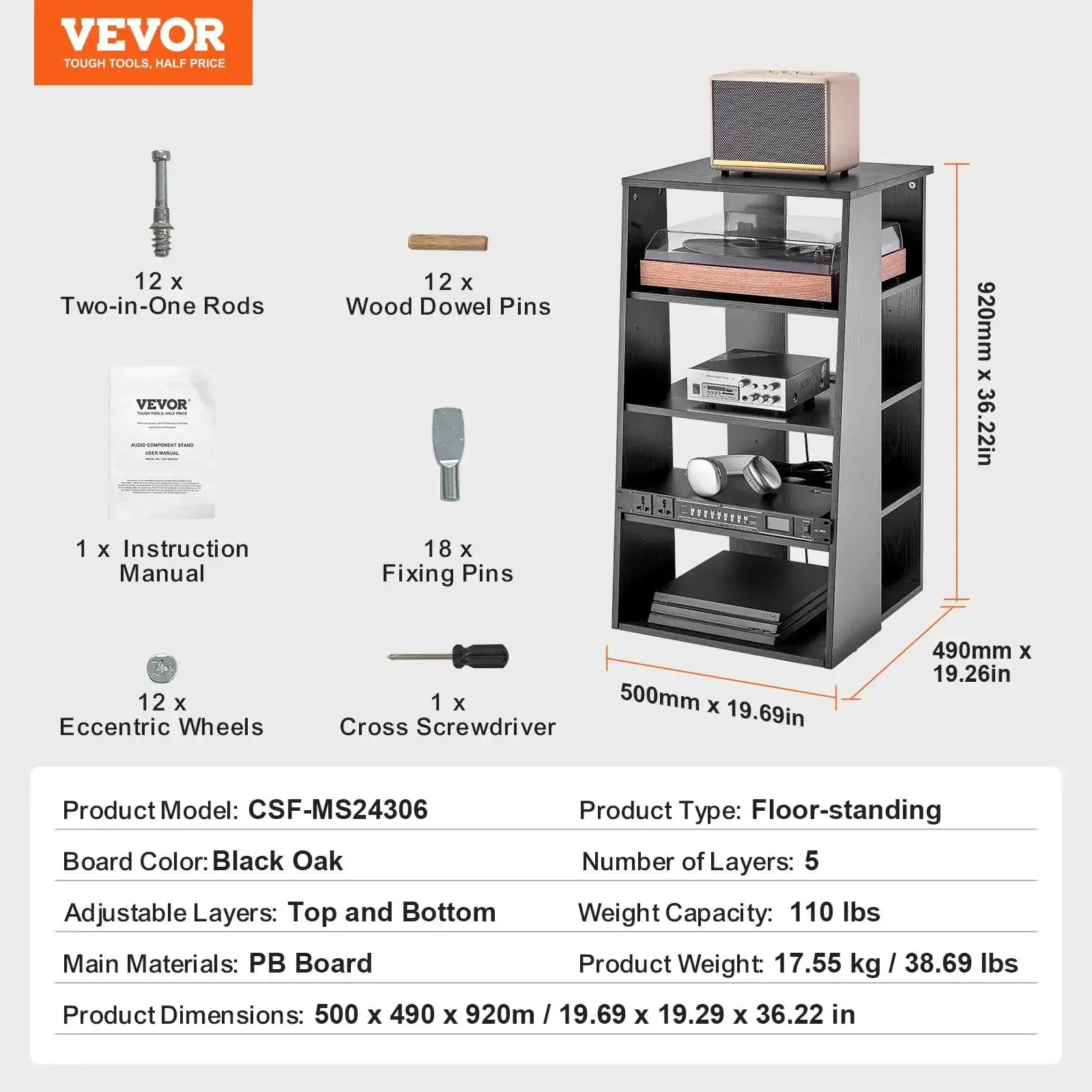 5-Tier AV Media Stand, Wooden Audio-Video Media Stand for DVD Players/Cable Boxes/Games Consoles