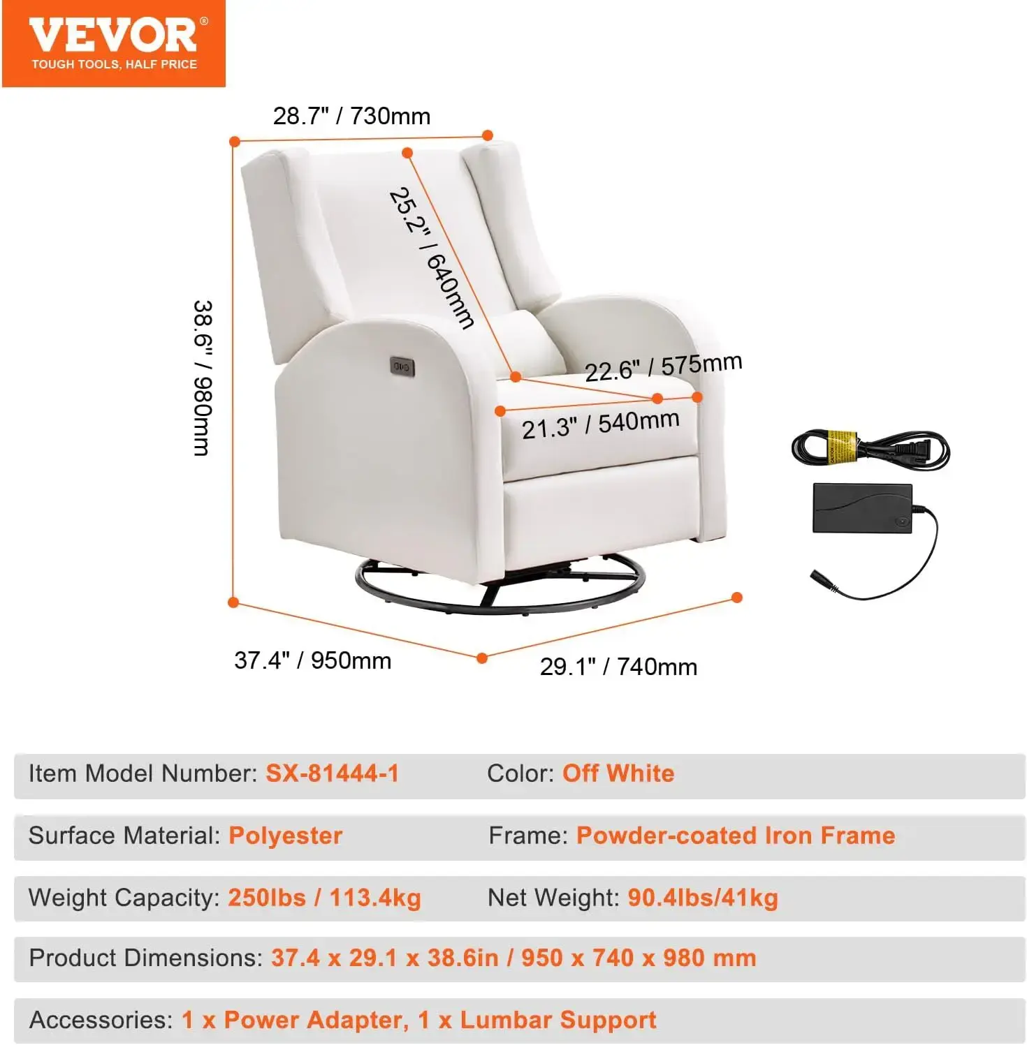 Electronic Power Recliner and Swivel Glider, 250 lbs Weight Capacity Swivel Glider Recliner Chair with USB Port, Off White
