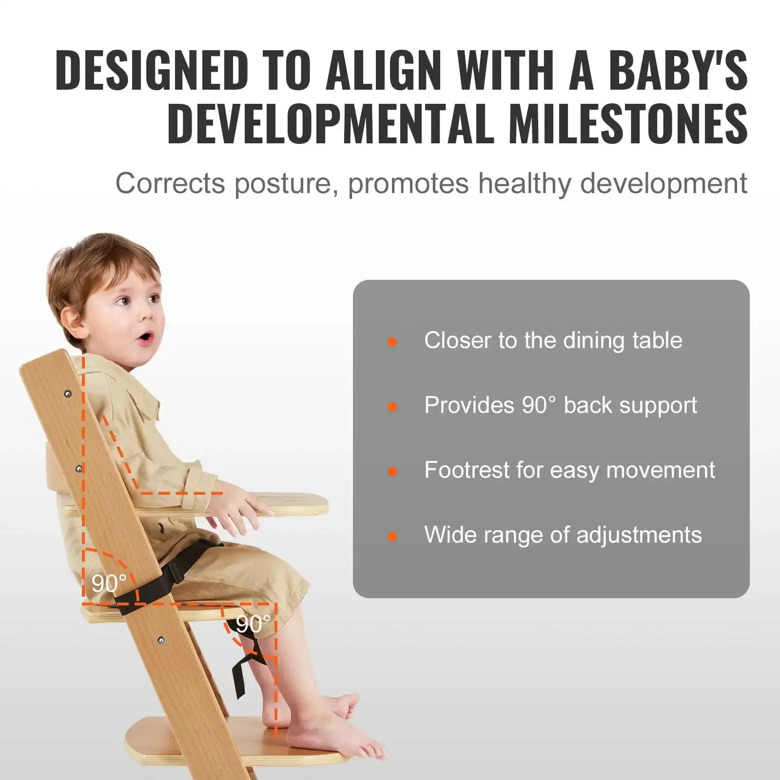 Wooden High Chair for Babies & Toddlers, Convertible Adjustable Feeding Chair, Eat & Grow High Chair with Tray