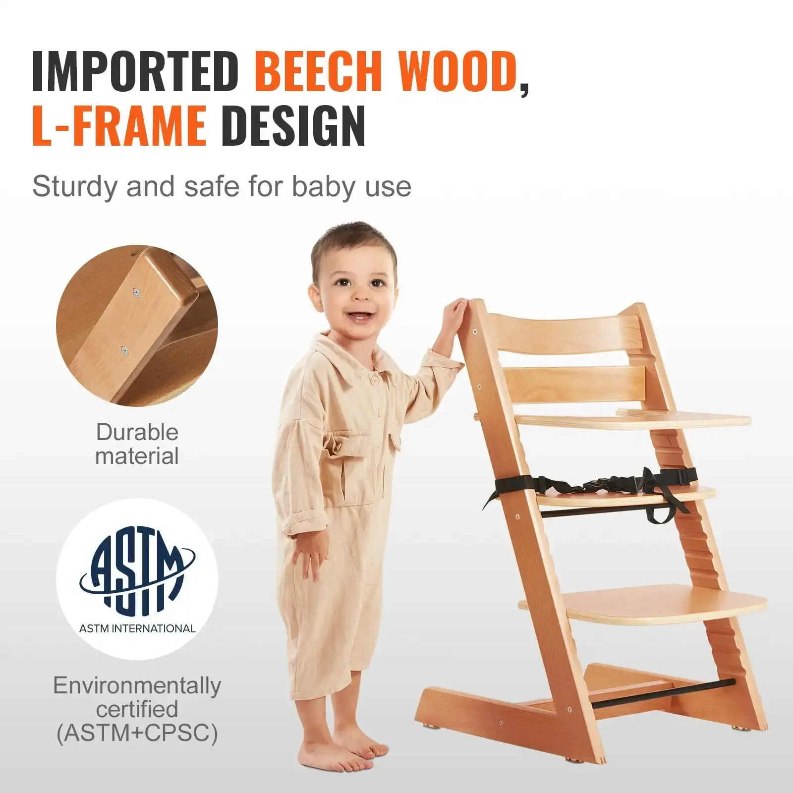 Wooden High Chair for Babies & Toddlers, Convertible Adjustable Feeding Chair, Eat & Grow High Chair with Tray