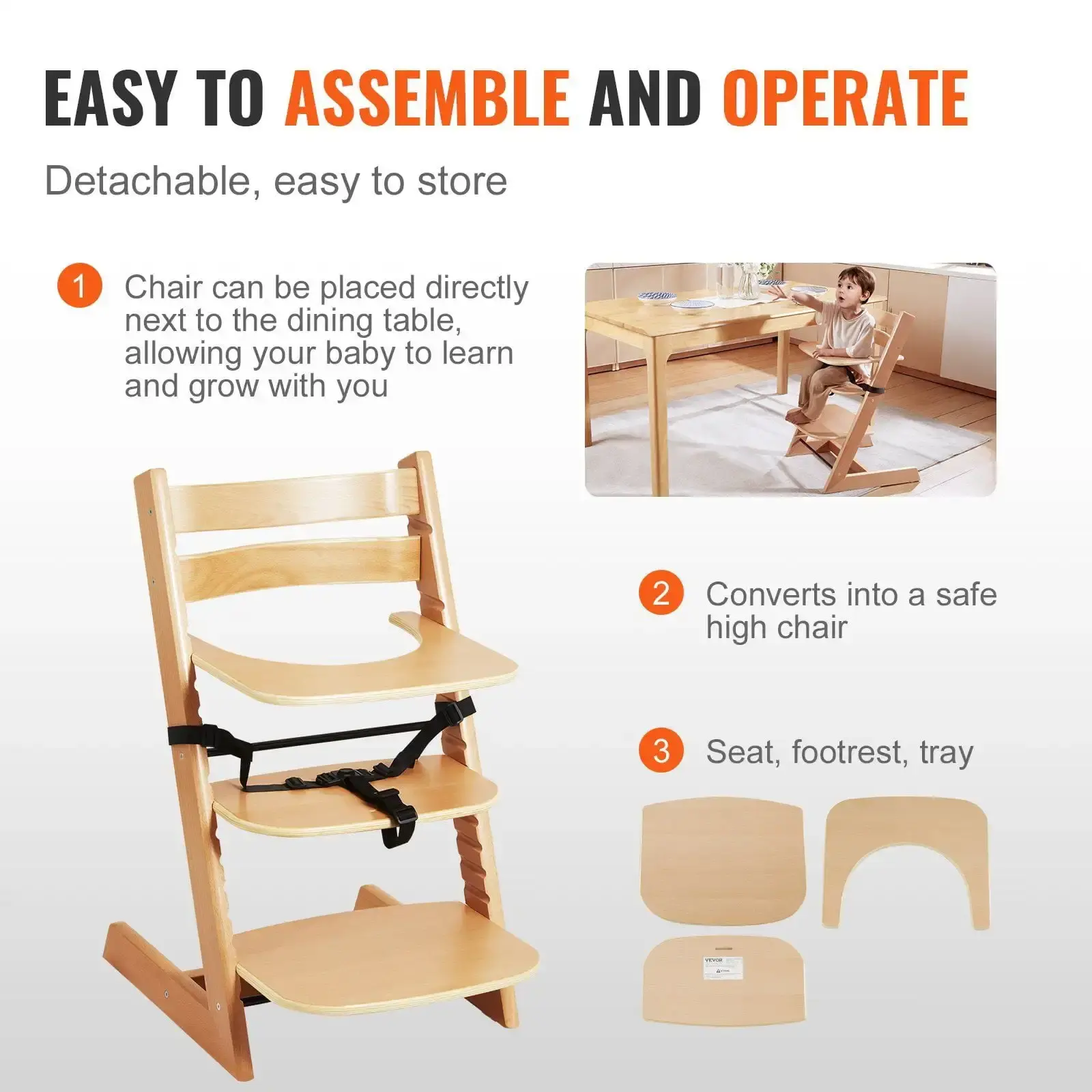 Wooden High Chair for Babies & Toddlers, Convertible Adjustable Feeding Chair, Eat & Grow High Chair with Tray