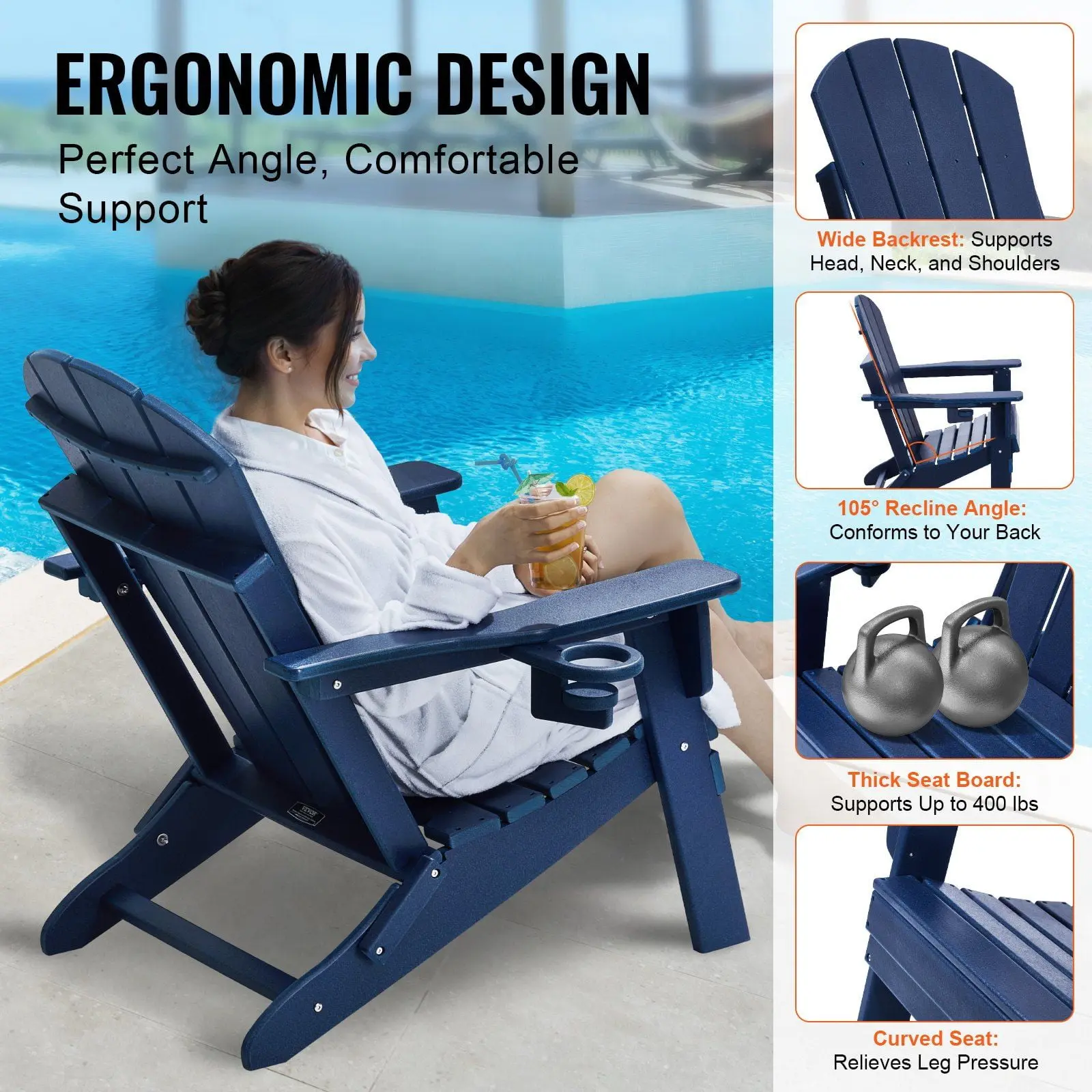 Adirondack Chair Plastic Set of 2 All-Weather Folding Fire Pit Navy Blue