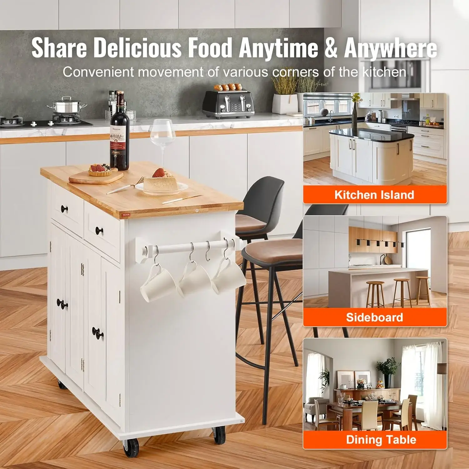 Kitchen Island Cart with Solid Wood Top, 35.4" Width Mobile Carts with Storage Cabinet, Rolling Kitchen Table with Spice Rack