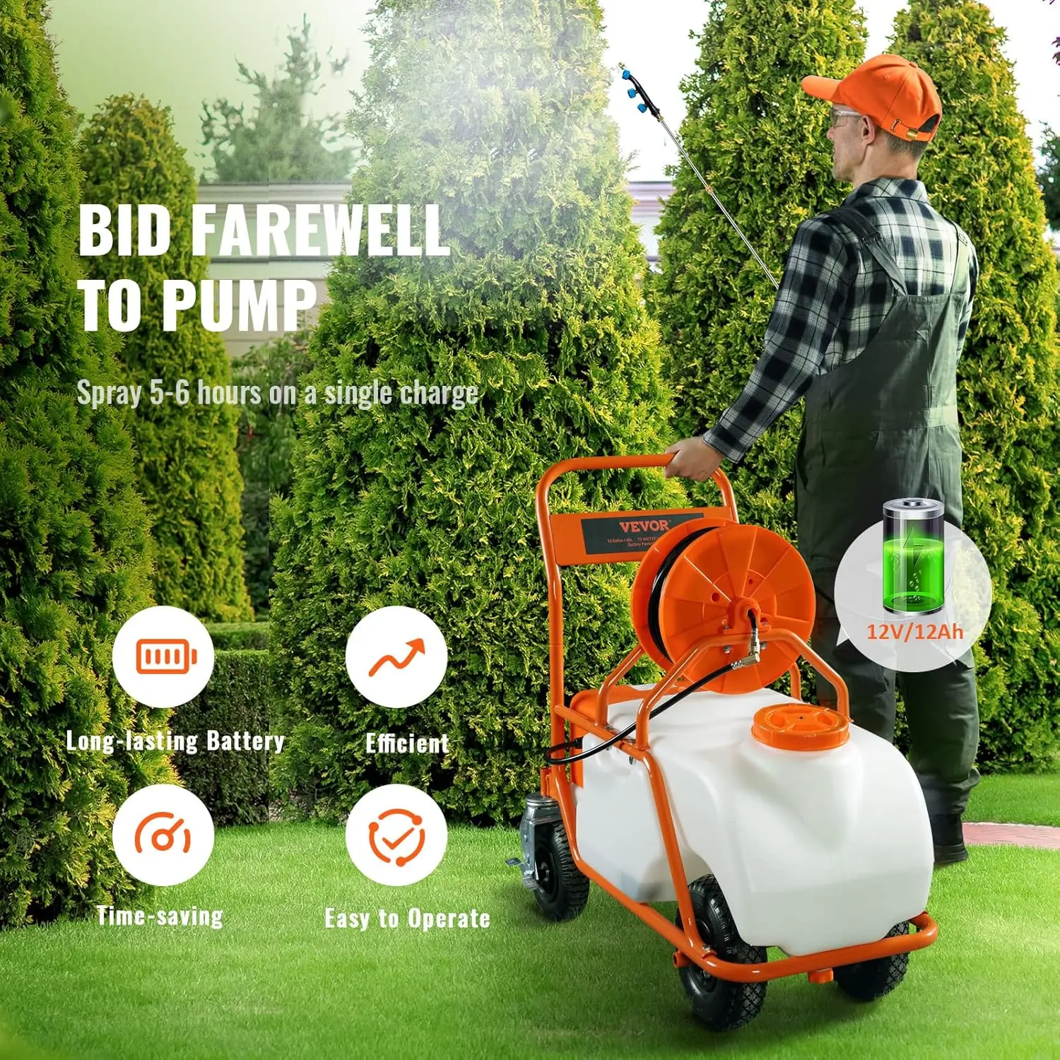 Battery Powered 15 Gallon Garden Weed Sprayer with Wheeled Cart, 126FT Hose with Reel, 8 Nozzles, 2 Wands with Lock Trigger