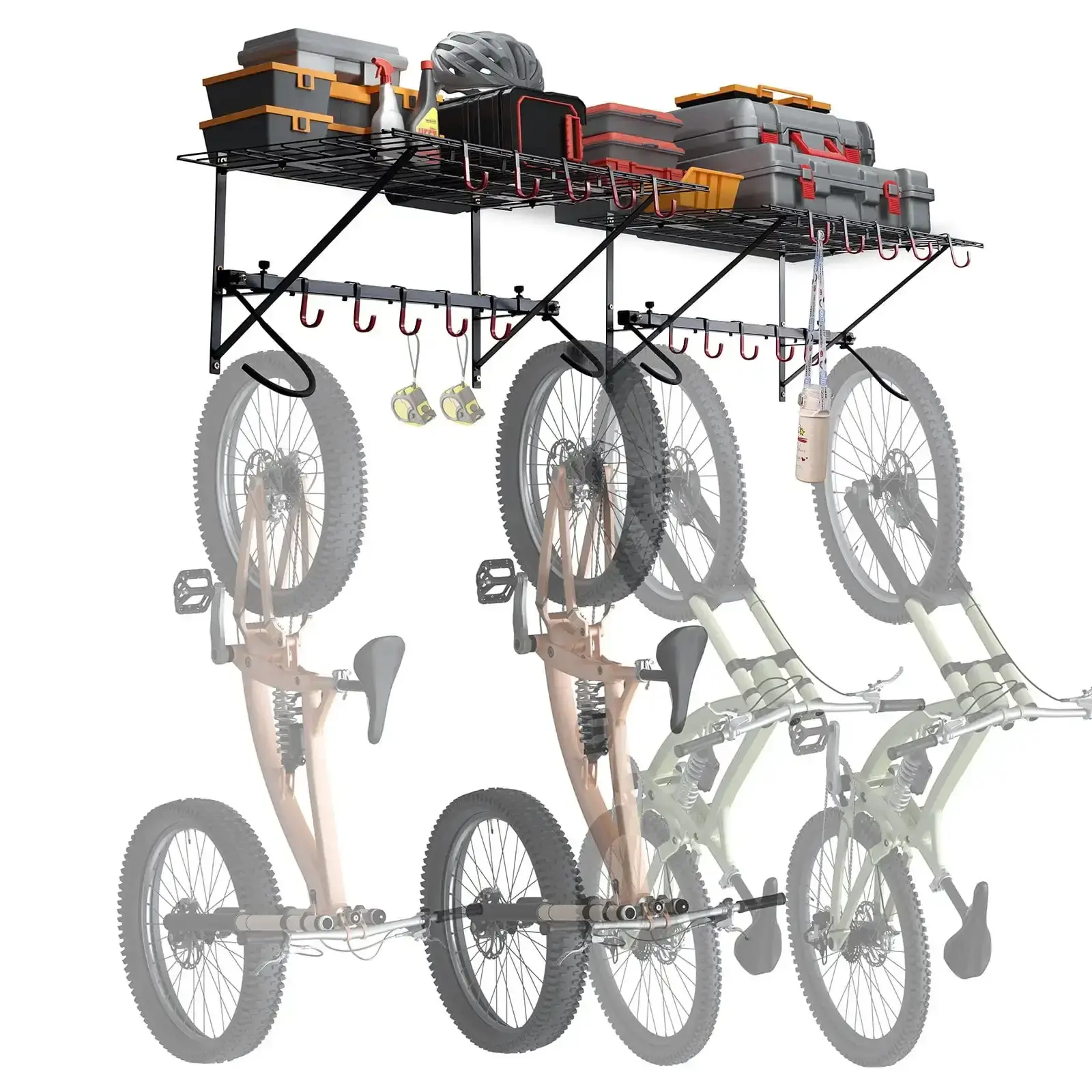 Wall Mount Bike Storage Rack with 2 Shelves - Garage Bike Holder for 4 Bicycles