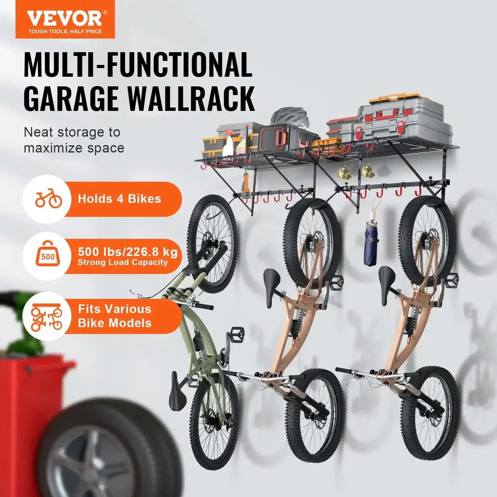 Wall Mount Bike Storage Rack with 2 Shelves - Garage Bike Holder for 4 Bicycles