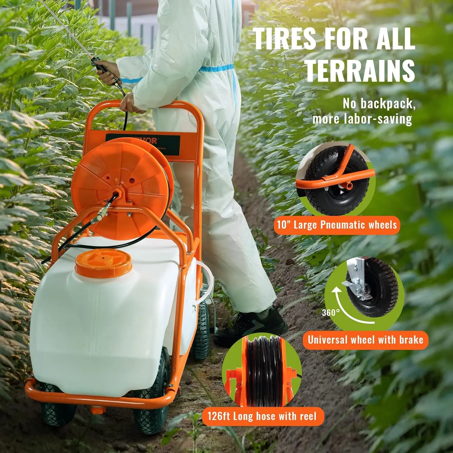 Battery Powered 15 Gallon Garden Weed Sprayer with Wheeled Cart, 126FT Hose with Reel, 8 Nozzles, 2 Wands with Lock Trigger