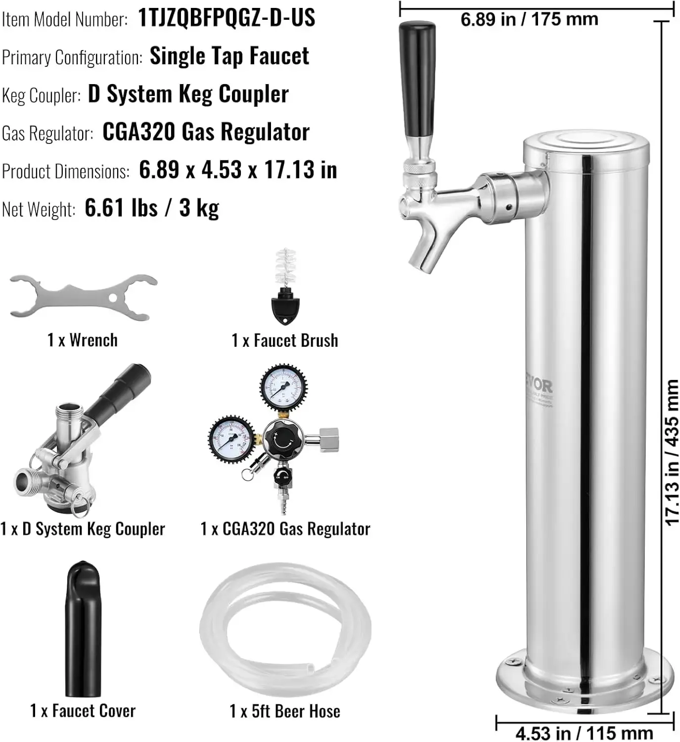 Single Tap Beer Conversion Kit, Stainless Steel Keg Beer Tower Dispenser with Dual Gauge CGA320 Regulator & D-System Keg Coupler