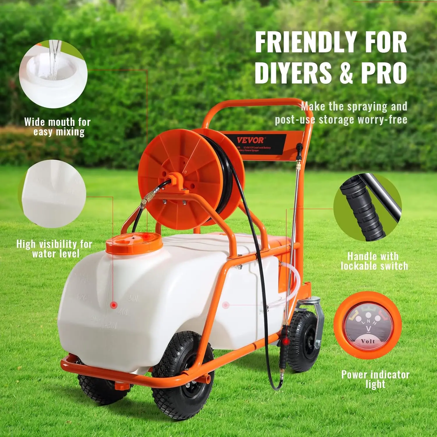 Battery Powered 15 Gallon Garden Weed Sprayer with Wheeled Cart, 126FT Hose with Reel, 8 Nozzles, 2 Wands with Lock Trigger