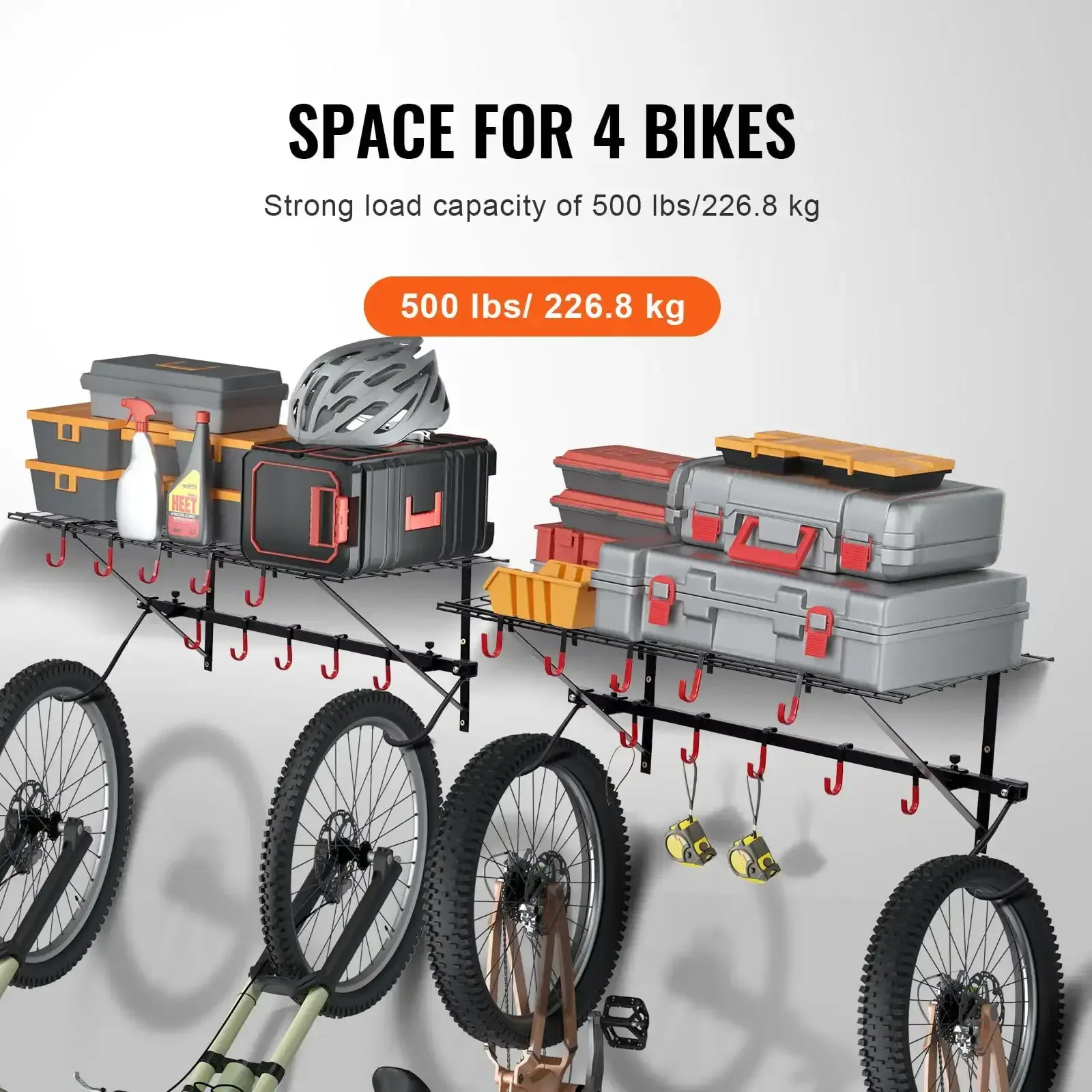 Wall Mount Bike Storage Rack with 2 Shelves - Garage Bike Holder for 4 Bicycles