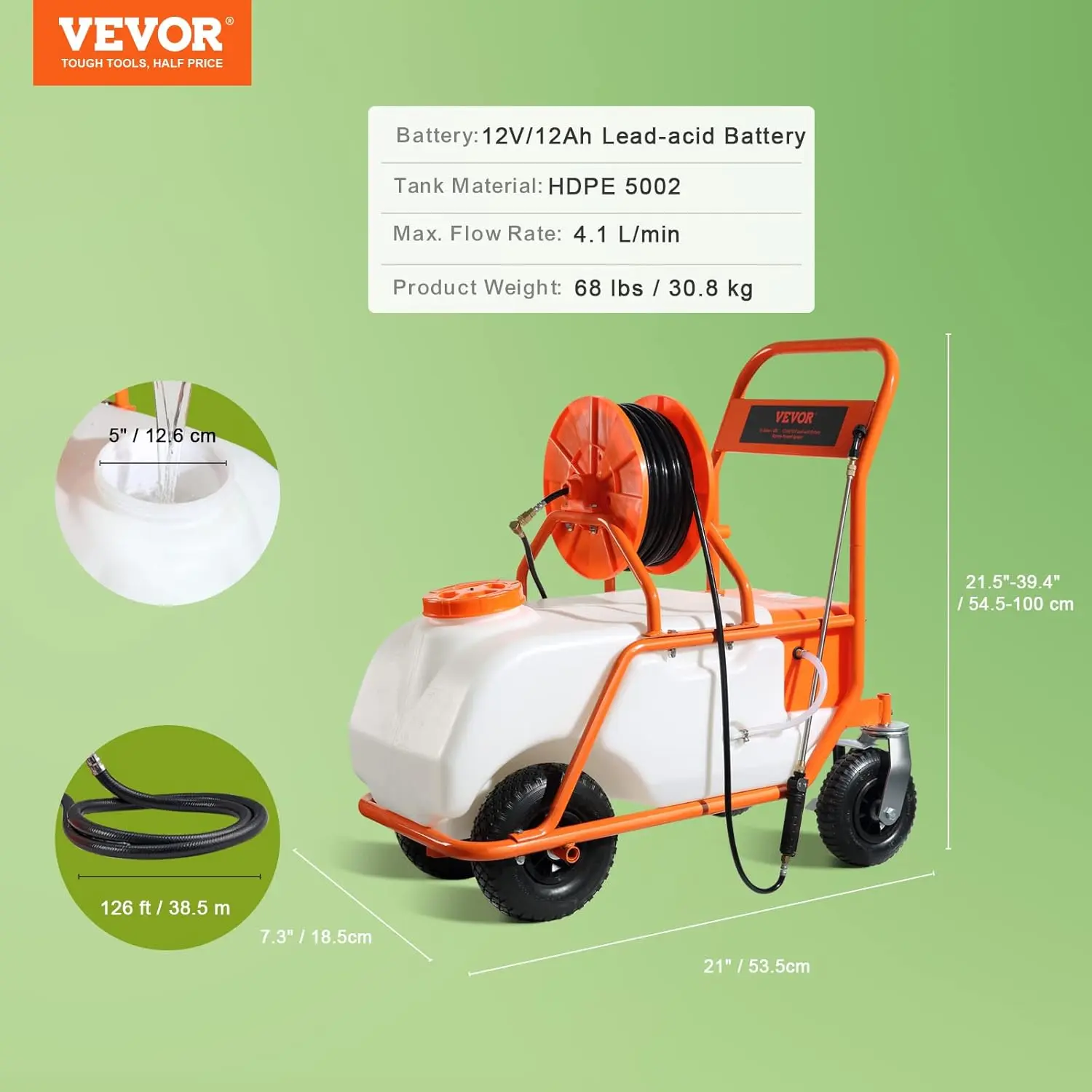 Battery Powered 15 Gallon Garden Weed Sprayer with Wheeled Cart, 126FT Hose with Reel, 8 Nozzles, 2 Wands with Lock Trigger