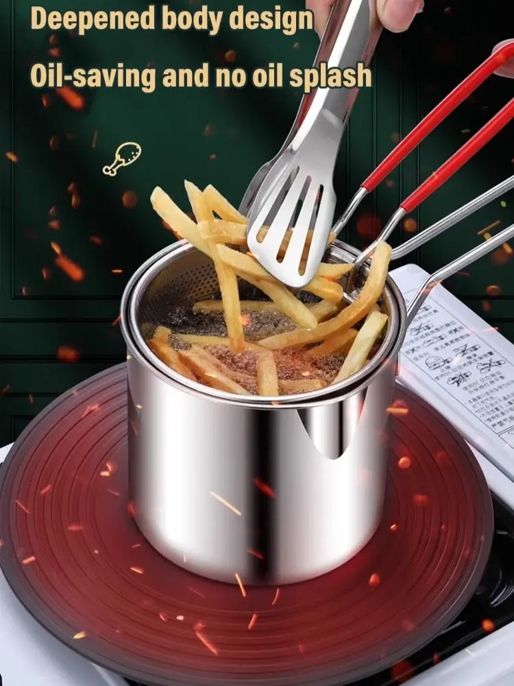 Splash-proof Small Fryer with Filter Stainless Steel Mini Fryer Heat Resistant Deep Fryer Set Uncoated Oil Filter Pot Fryer