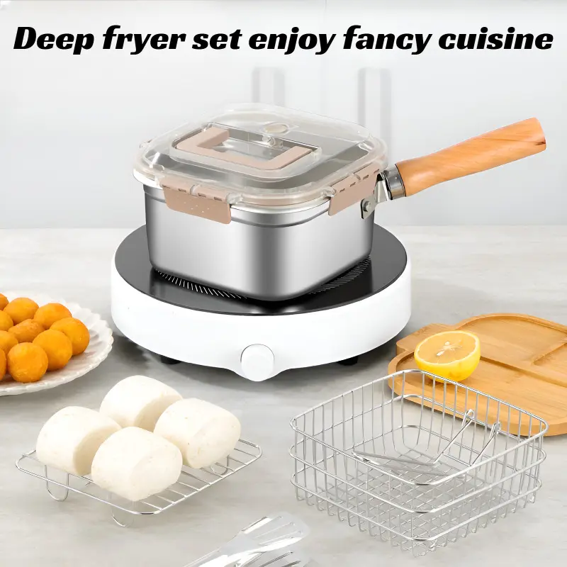 Stainless steel square frying pan tempura pot household milk pot noodle cooking pot outdoor portable